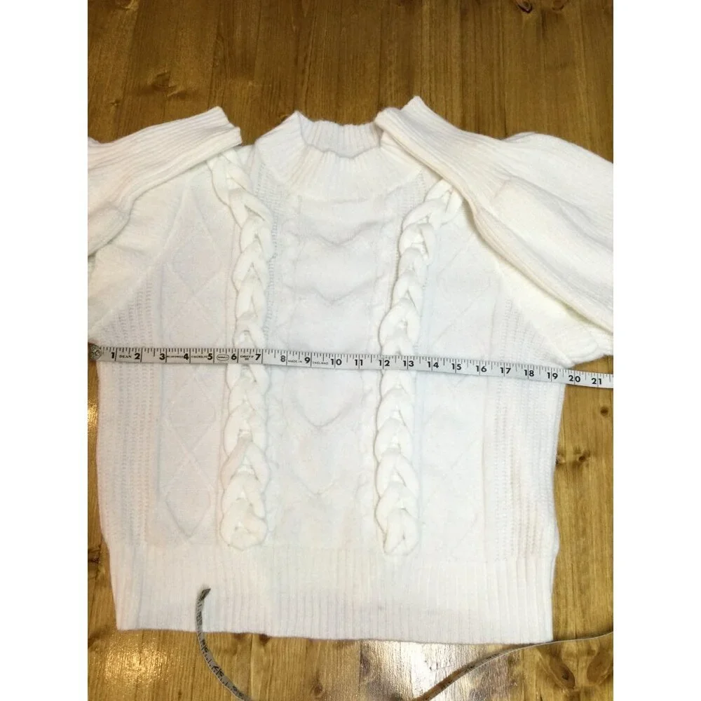 Line & Dot Womens White Cable Knit Sweater With Ruffles Soft Girl Coquette